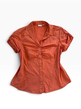 Y2K Coral Orange Sparkle Short Puff Sleeve Ruched Button-Down Blouse
